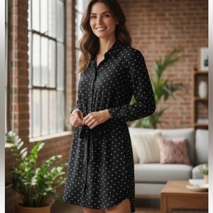 Black Polka Dot Button Down Collared Shirt Dress Business Casual Career Office S